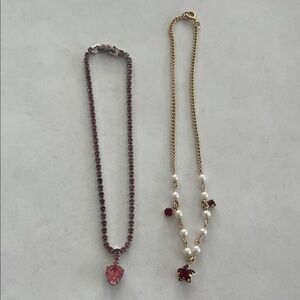 Pink Crystal Pendant Necklace & pearl and red faux ruby on gold chain.Unbranded
